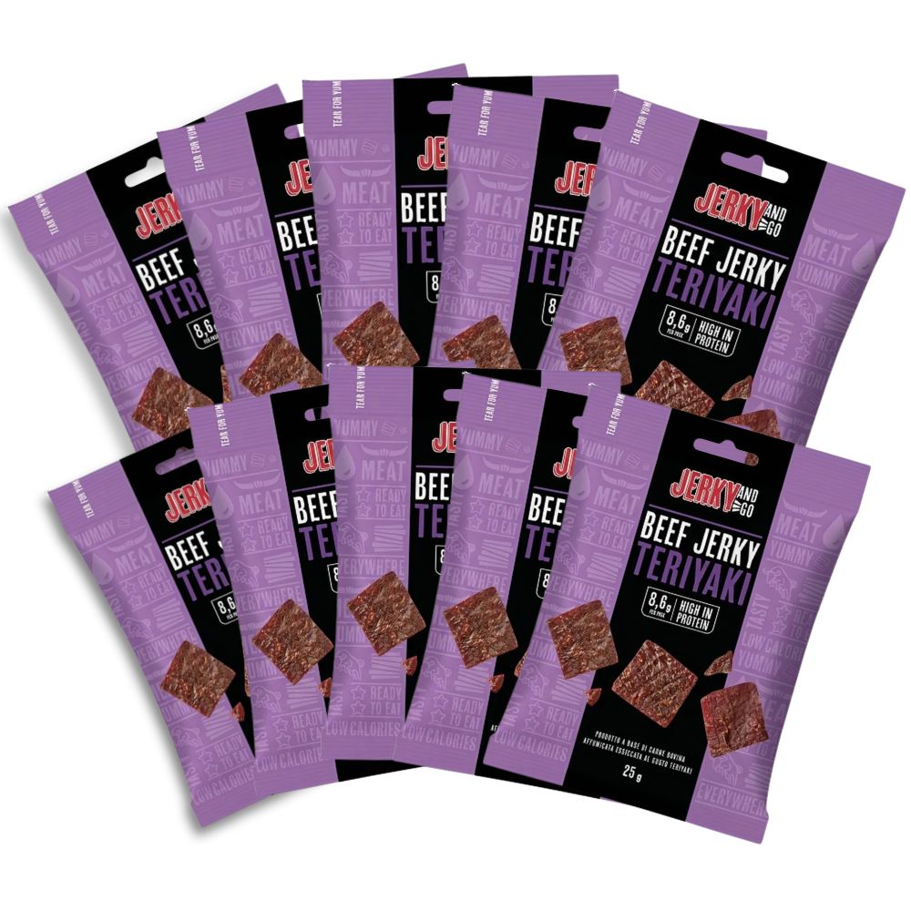 Jerky And Go Beef Jerky Teriyaki, snack van gedroogd en gerookt rundvlees met Teriyaki-smaak van 25g (Verpakking van 10) 