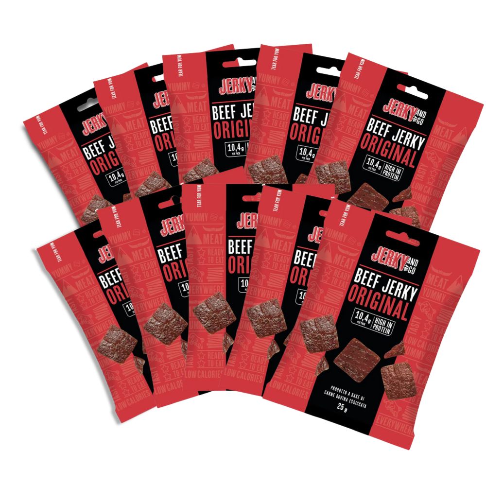 Jerky And Go Beef Jerky Original, snack van gedroogd en gerookt rundvlees van 25g (Verpakking van 10) 