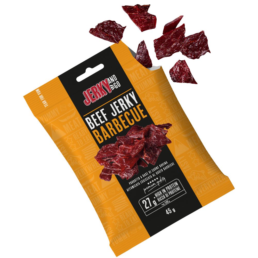 Jerky and Go Beef Jerky Barbecue, gedroogd rundvlees met barbecuesmaak van 45g 