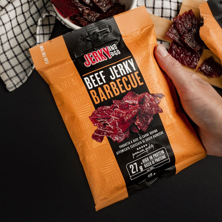 Jerky and Go Beef Jerky Barbecue, gedroogd rundvlees met barbecuesmaak van 45g 