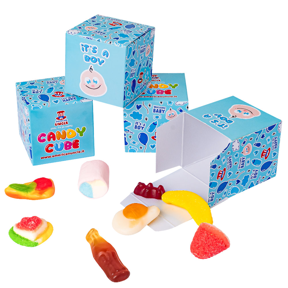 Candy Cube Kit “It’s a boy”, 50g doosjes met gummy snoepjes ideaal voor de babyshower of geboorte (25, 50 of 75 stuks) 