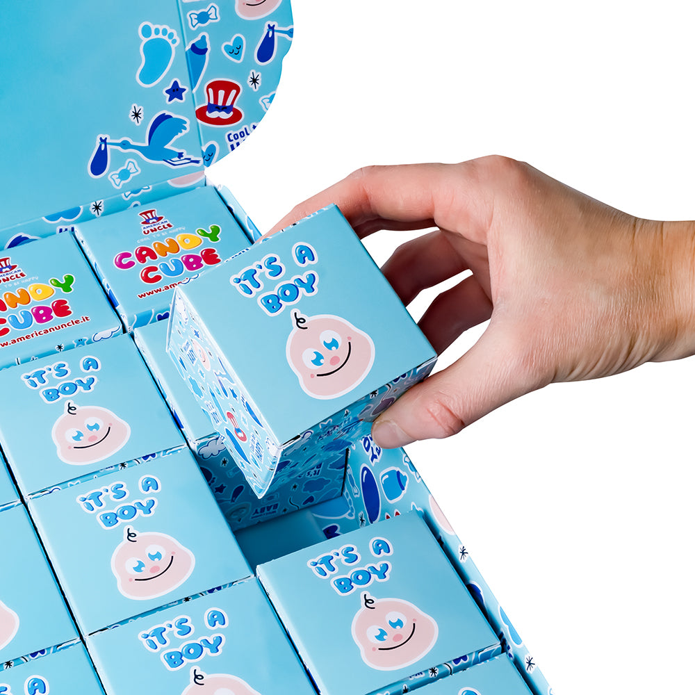 Candy Cube Kit “It’s a boy”, 50g doosjes met gummy snoepjes ideaal voor de babyshower of geboorte (25, 50 of 75 stuks) 