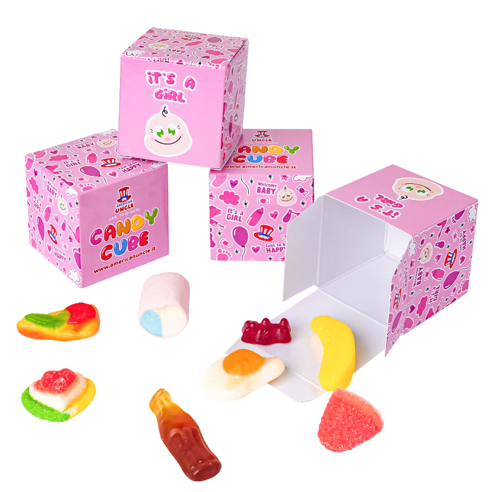 Candy Cube Kit “It’s a girl”, doosjes van 50g gummisnoepjes ideaal voor de babyshower of geboorte (25, 50 of 75 stuks) 