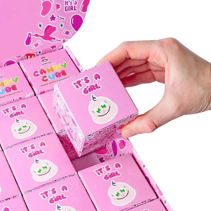 Candy Cube Kit “It’s a girl”, doosjes van 50g gummisnoepjes ideaal voor de babyshower of geboorte (25, 50 of 75 stuks) 