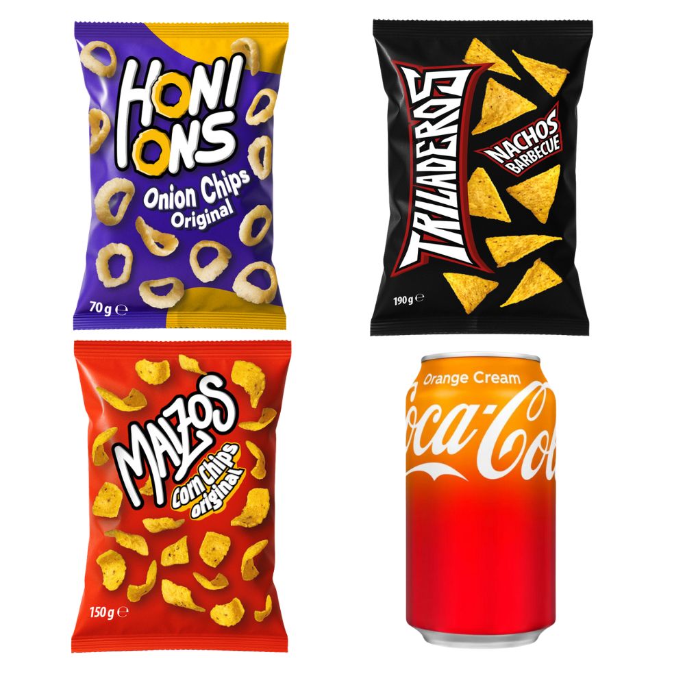 Kit Aperitivo: 1 Honions Onion Rings van 70g, 1 Triladeros Nachos BBQ van 190g, 1 Maizos Corn Chips Original van 150g, 1 Coca Cola Orange Cream van 355ml 
