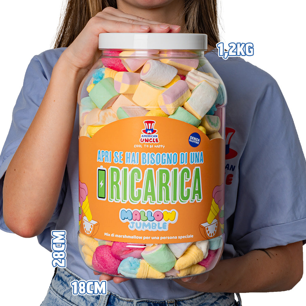 Mallow Jumble "Open als je een opkikker nodig hebt", pot met marshmallows om samen te stellen met je favoriete smaken 