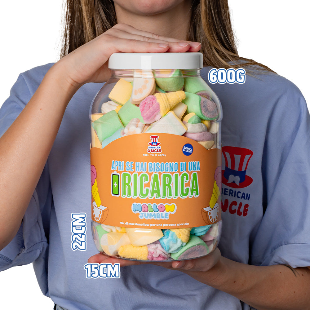 Mallow Jumble "Open als je een opkikker nodig hebt", pot met marshmallows om samen te stellen met je favoriete smaken 