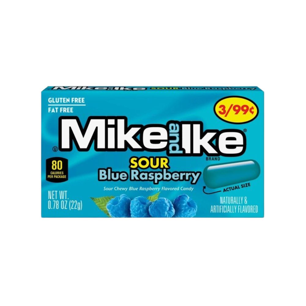 Mike and Ike Sour Blue Raspberry, zure blauwe frambozensnoepjes van 22g.
