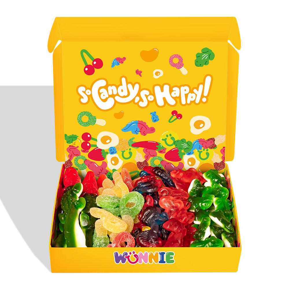Wunnie box "Zo Snoep, Zo Blij", 5 dozen gomachtige snoepjes in verschillende smaken van 480g 