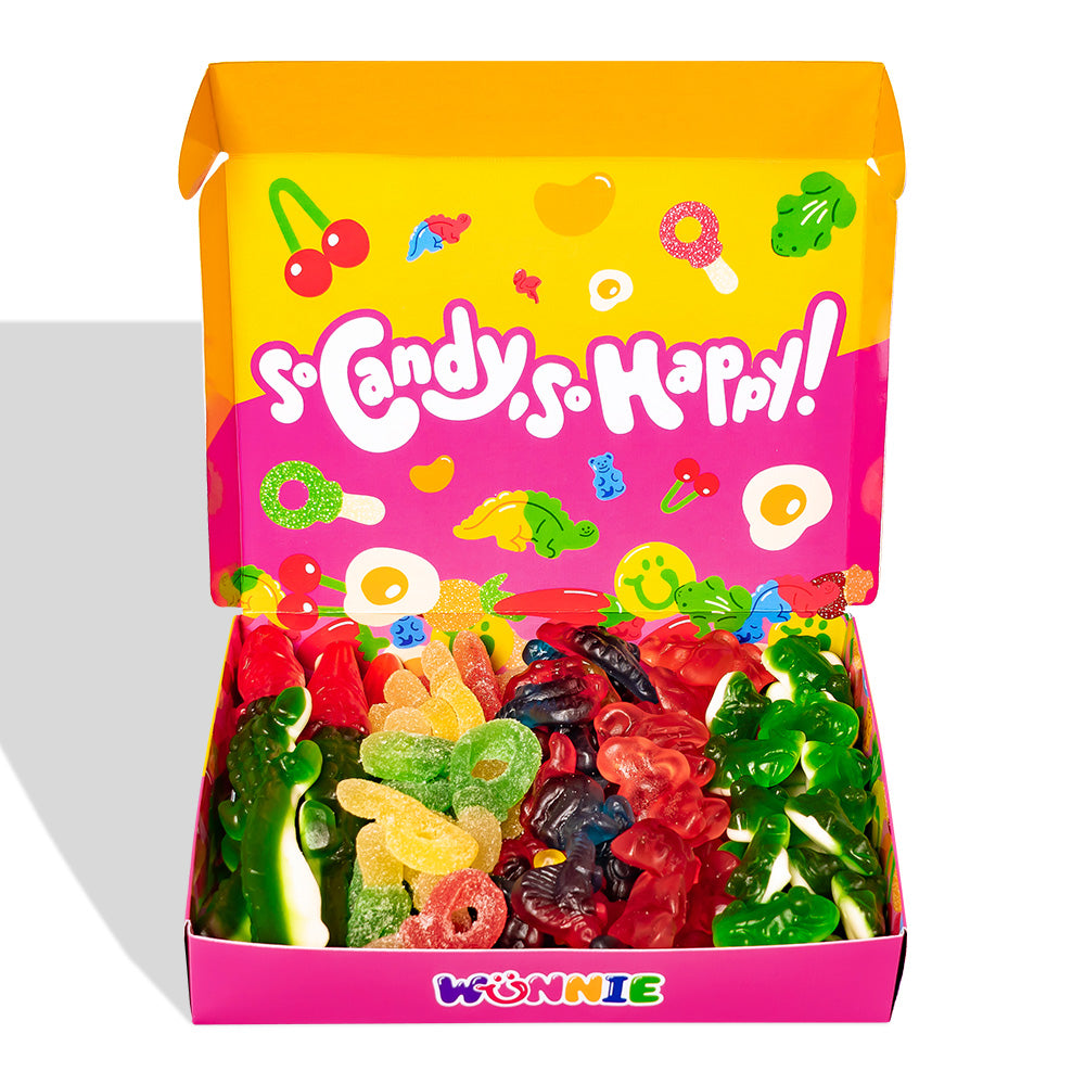 Wunnie box "Zo Snoep, Zo Blij", 5 dozen gomachtige snoepjes in verschillende smaken van 480g 
