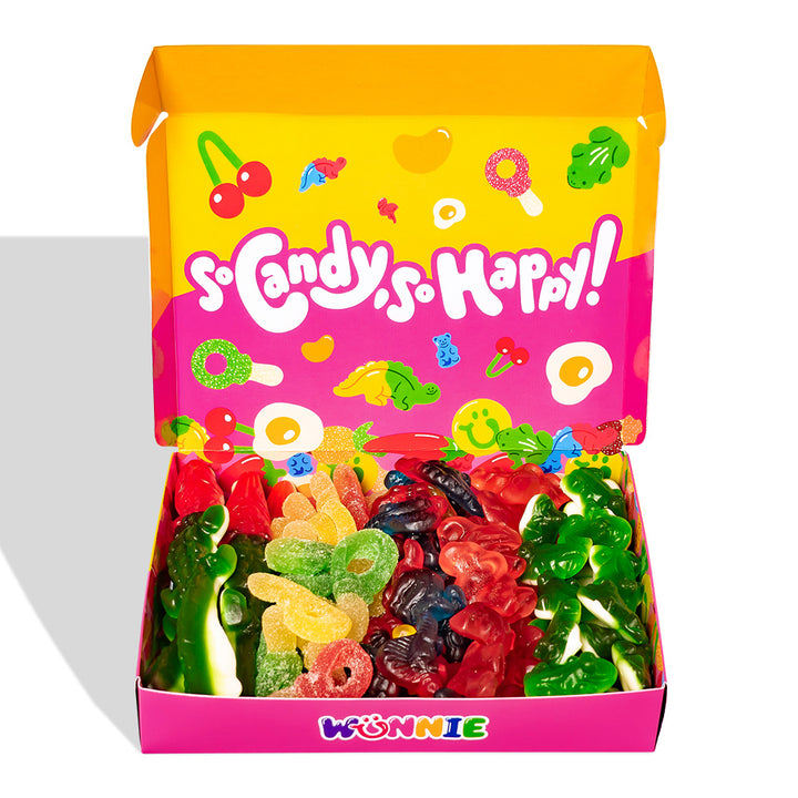 Wunnie box "Zo Snoep, Zo Blij", 5 dozen gomachtige snoepjes in verschillende smaken van 480g 
