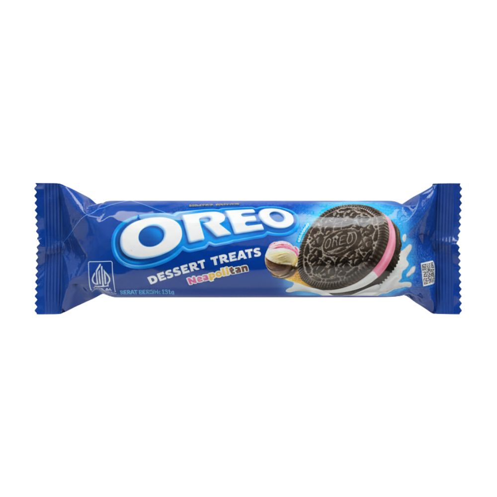 Oreo Dessert Treats Neapolitan Limited Edition, koekjes met vanille-, aardbei- en chocoladevulling van 131g.
