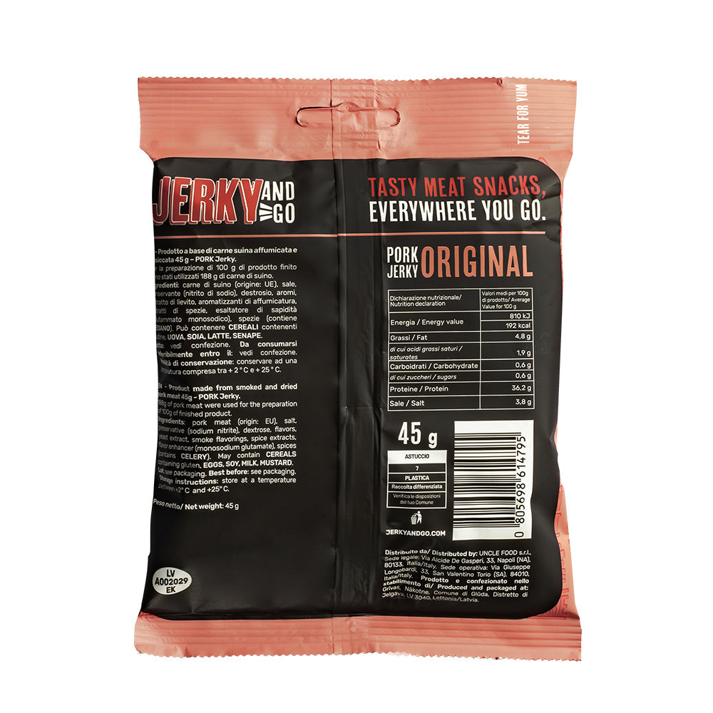 Jerky and Go Pork Jerky Original, gedroogd varkensvlees van 45g 