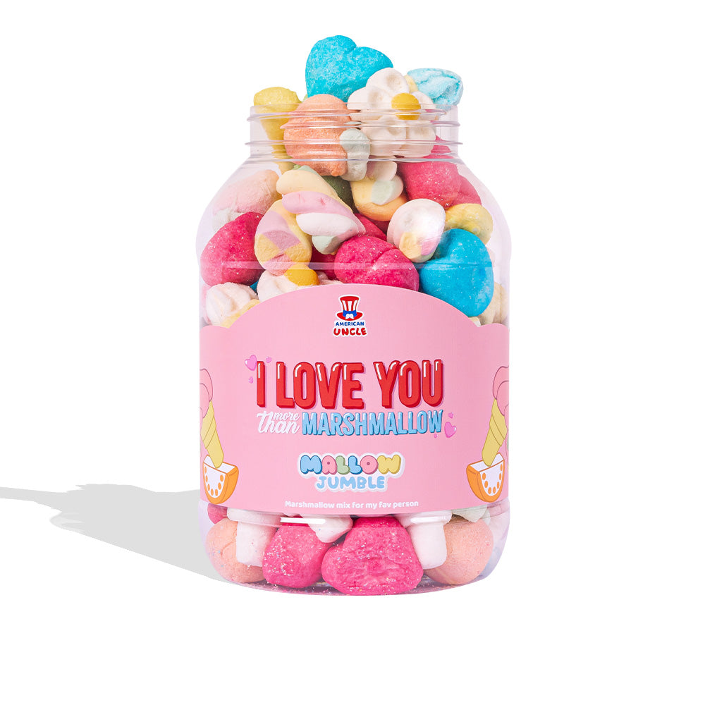Mallow Jumble “Ik hou meer van jou dan van marshmallow”, pot van marshmallow om samen te stellen met je favoriete smaken 