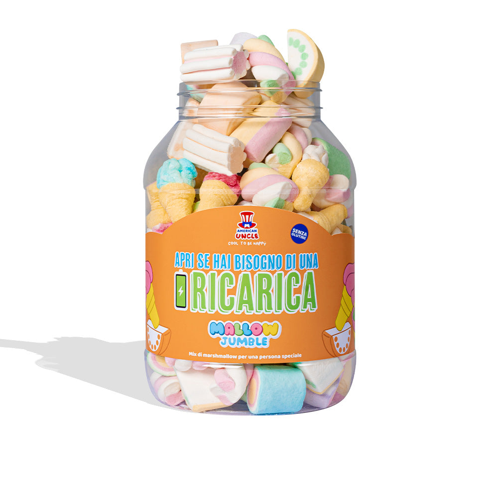 Mallow Jumble "Open als je een opkikker nodig hebt", pot met marshmallows om samen te stellen met je favoriete smaken 