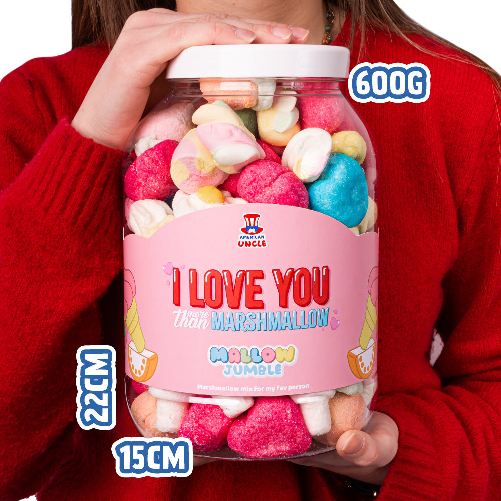 Mallow Jumble “Ik hou meer van jou dan van marshmallow”, pot van marshmallow om samen te stellen met je favoriete smaken 