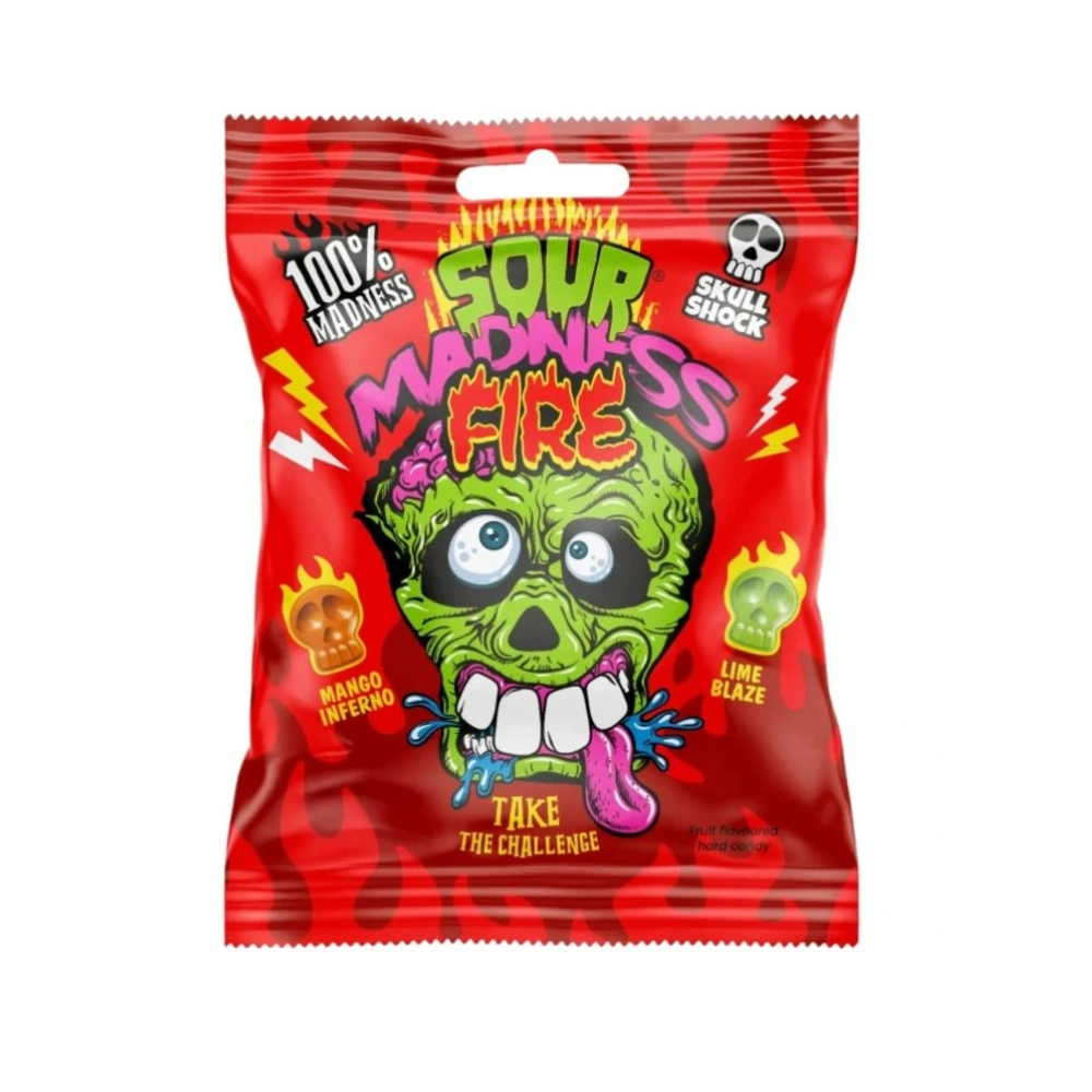 Sour Madness Fire, pittige harde snoepjes met mango- en limoensmaak van 60 g 