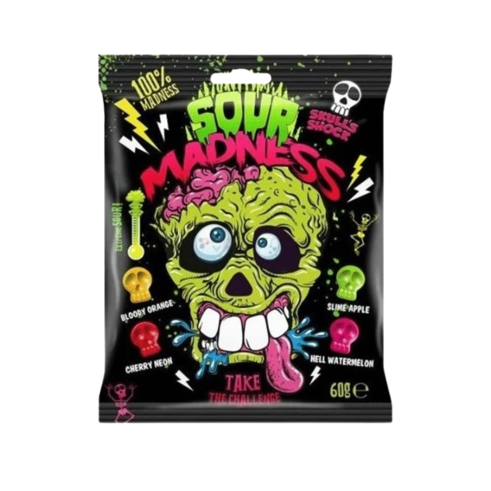 Sour Madness, harde snoepjes met zure fruitsmaak van 60 gr 