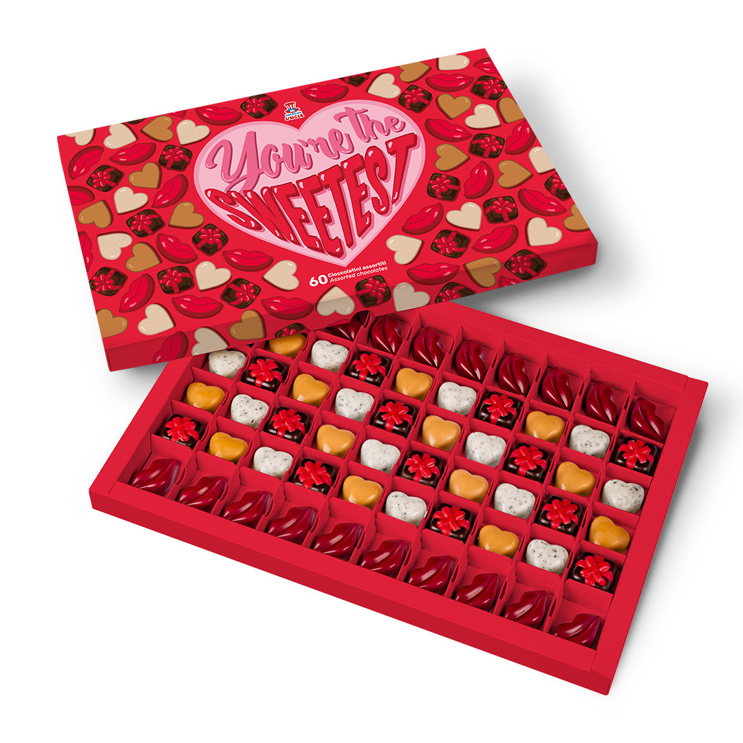 Doos chocolaatjes "Je bent de liefste", box van 600 g met 60 gemengde chocolaatjes 