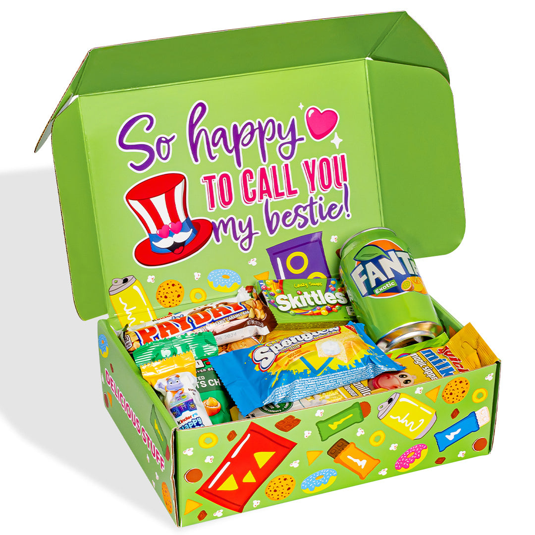 Snack Box “Best Friends Forever”, verrassingsdoos met 20 snack zoete, zoute snacks en drankjes voor de beste vriendin 