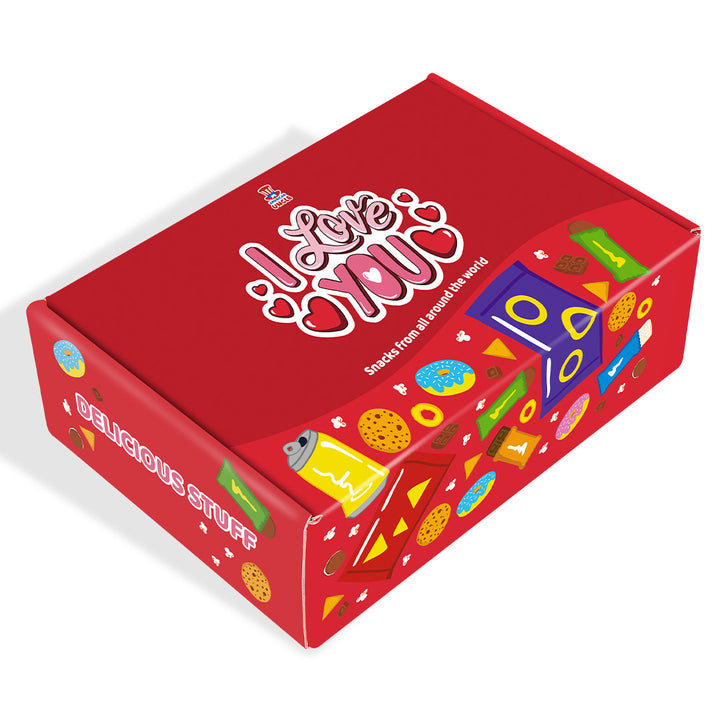 Snack Box "Ik hou van jou", verrassingsdoos met 20 zoete, hartige snacks en drankjes 