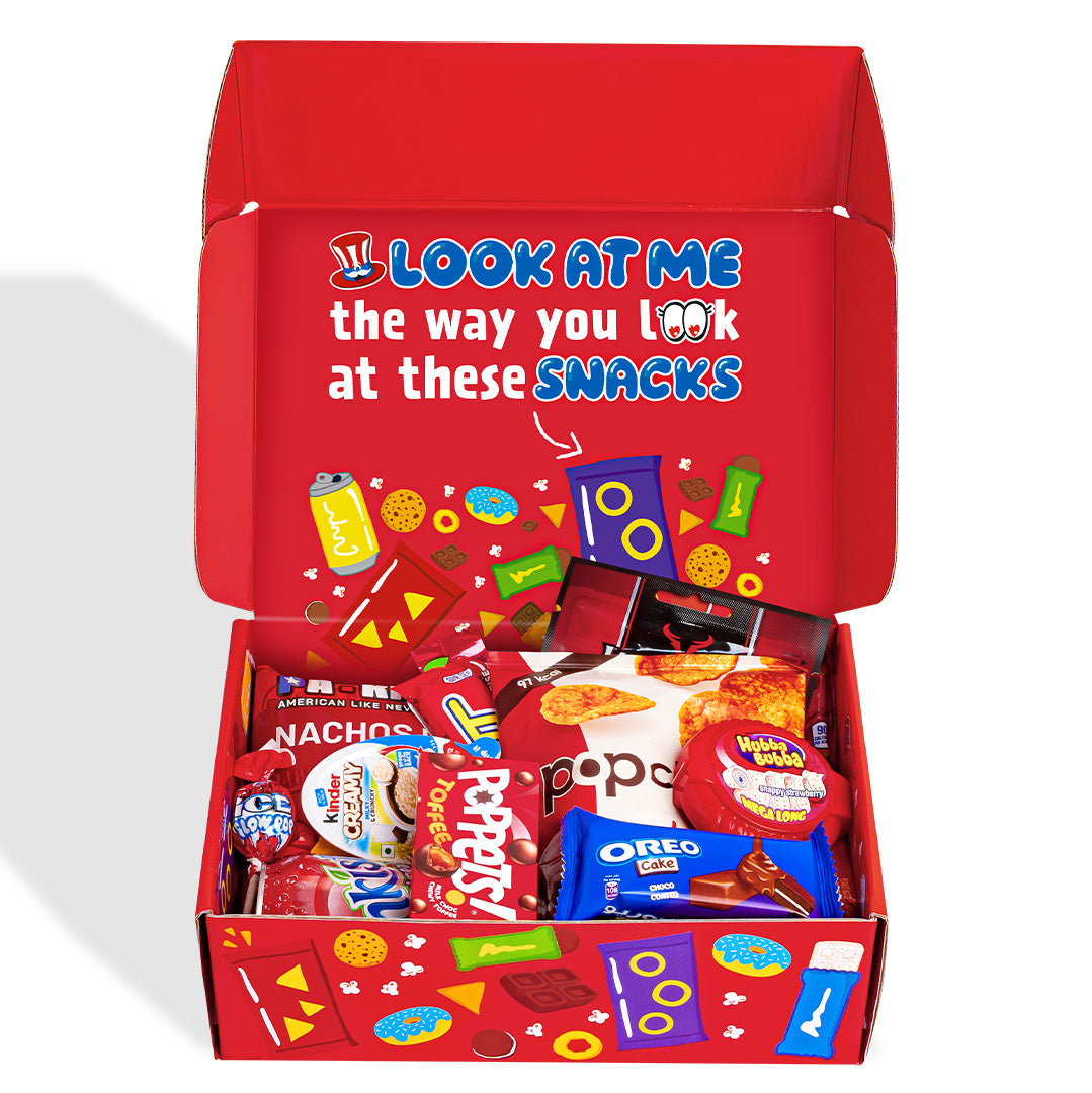 Snack Box "Ik hou van jou", verrassingsdoos met 20 zoete, hartige snacks en drankjes 