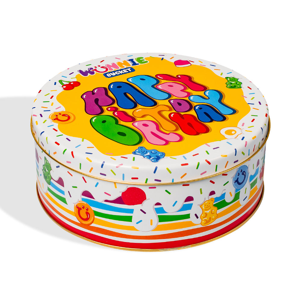 Wunnie Bucket “Happy Birthday”, blik met gomballen samen te stellen met de favoriete smaken van de jarige - 2 kg 