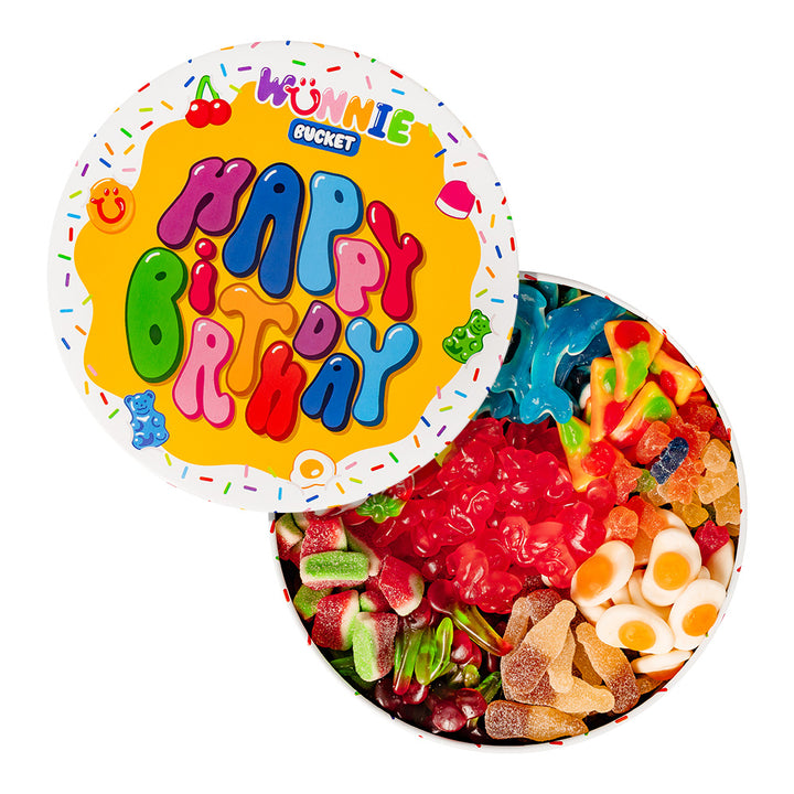 Wunnie Bucket “Happy Birthday”, blik met gomballen samen te stellen met de favoriete smaken van de jarige - 2 kg 