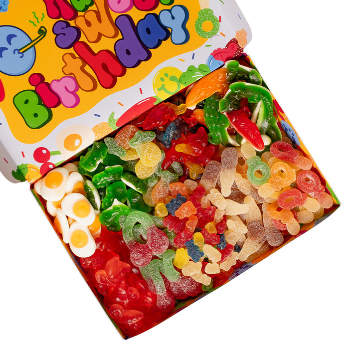 Wunnie box “Happy Birthday”, de Candy box om samen te stellen met de favoriete gommetjes van de jarige - 1 kg 