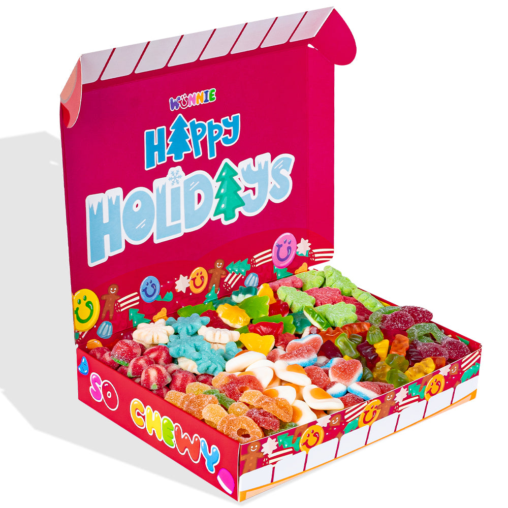 Wunnie box “Fijne Feestdagen”, doos met gomballen die je kunt samenstellen met je favoriete smaken 