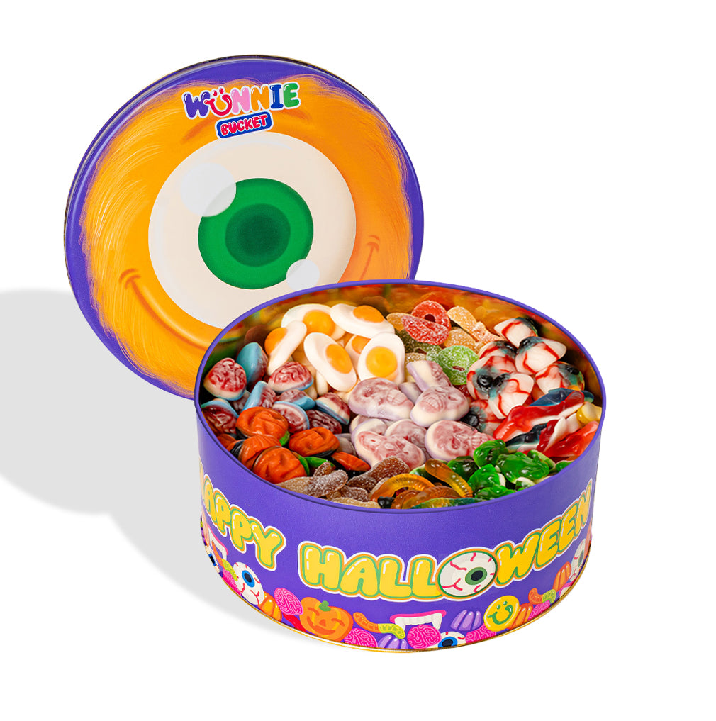 Wunnie Bucket "Gelukkige Halloween", snoepblik met gummies om samen te stellen met je favoriete smaken 
