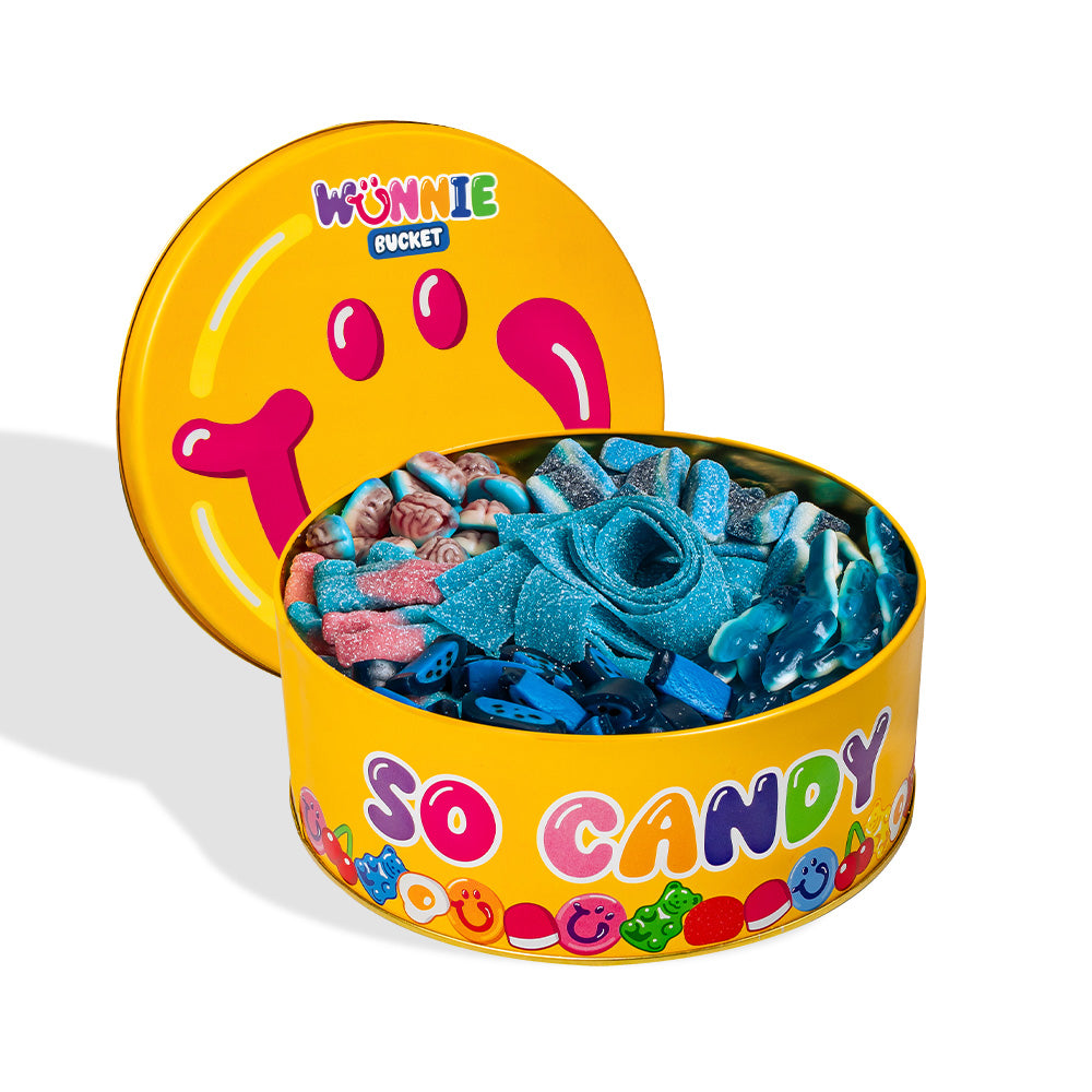 Wunnie bucket blauwe mix: blikken bus vol blauwe gomdropjes