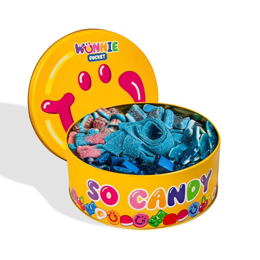 Wunnie bucket blauwe mix: blikken bus vol blauwe gomdropjes