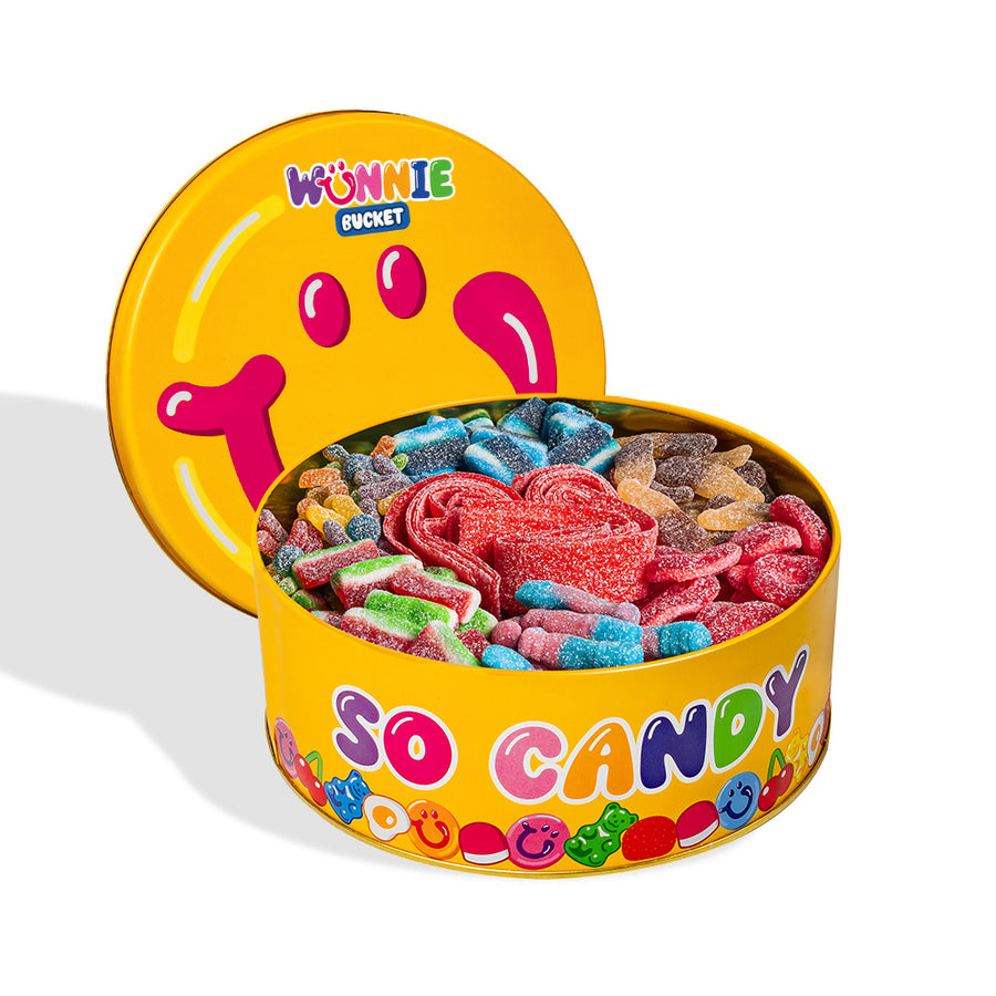 Wunnie Bucket fizzy mix: blik met sprankelende gummisnoepjes