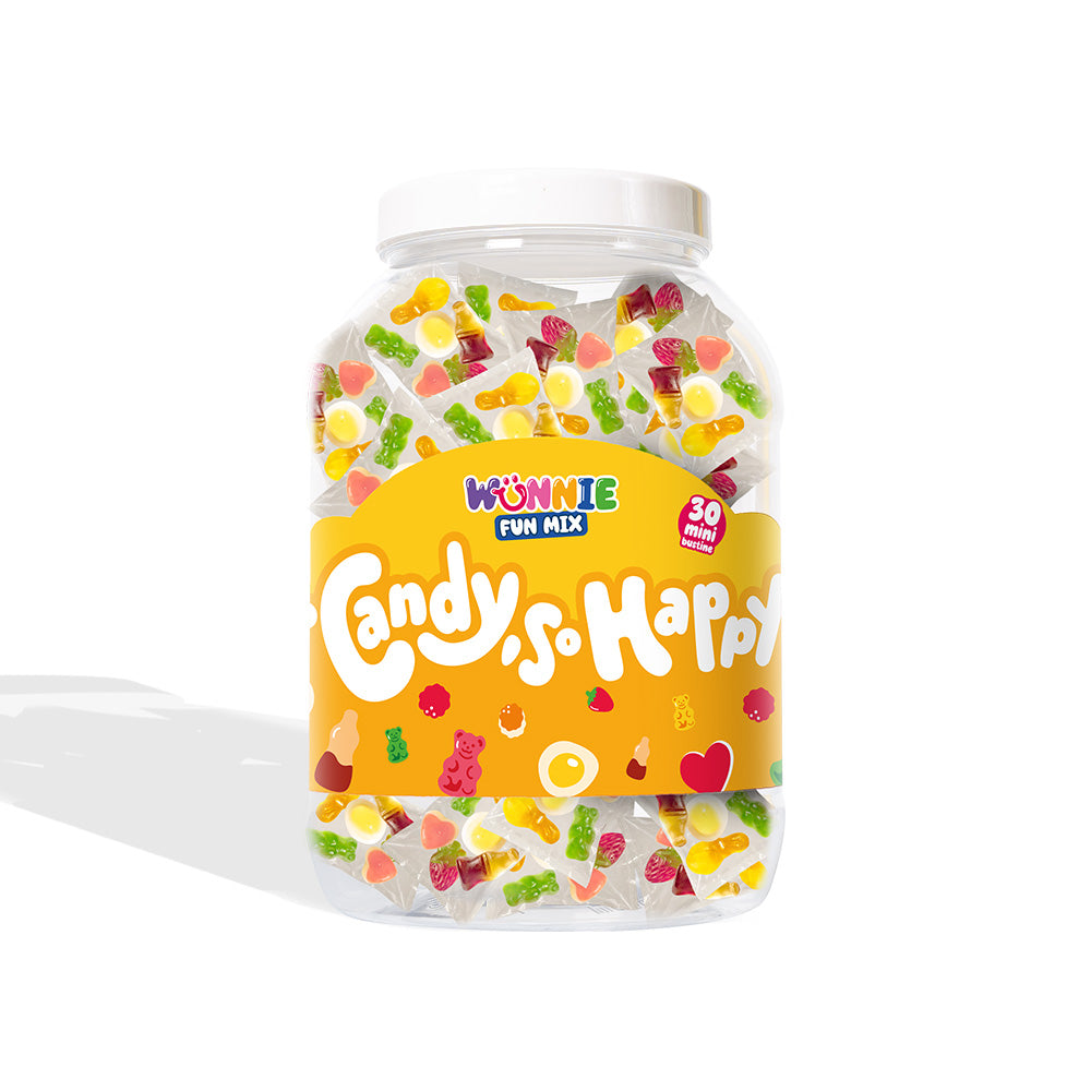 Wunnie Fun Mix, pot met zakjes per portie van gummy snoepjes in verschillende smaken (30 of 60 stuks) 