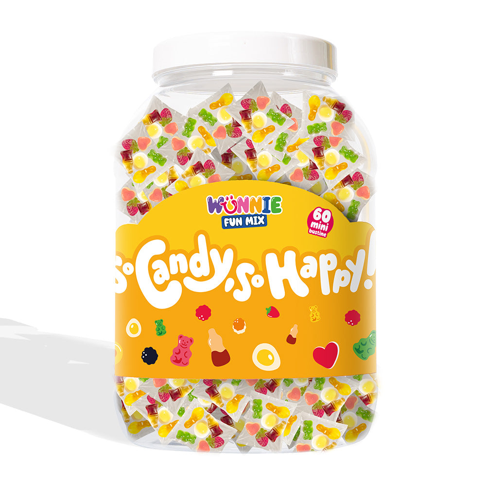 Wunnie Fun Mix, pot met zakjes per portie van gummy snoepjes in verschillende smaken (30 of 60 stuks) 