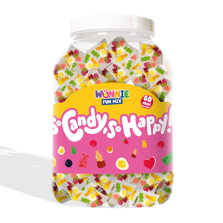 Wunnie Fun Mix, pot met zakjes per portie van gummy snoepjes in verschillende smaken (30 of 60 stuks) 