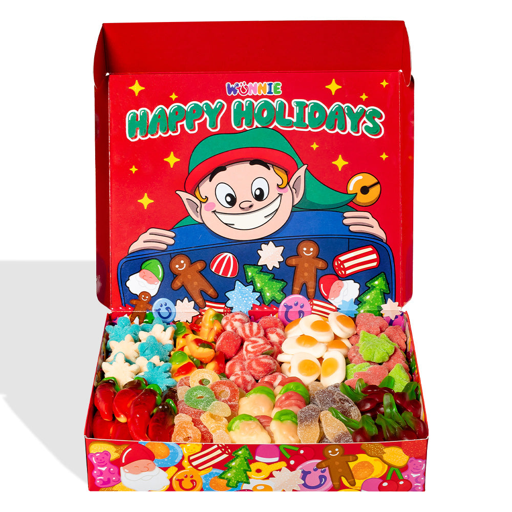Wunnie box “Fijne Feestdagen”, doos met gomballen die je kunt samenstellen met je favoriete smaken 