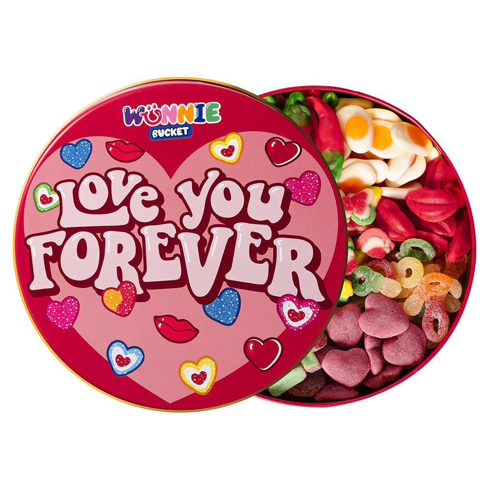 Wunnie Bucket “Love You Forever”, blik met gomballen om samen te stellen met de favoriete smaken van je wederhelft - 2 kg 