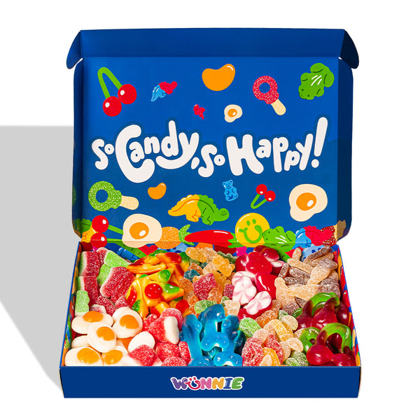 Wunnie box Blue "So Candy, So Happy", doos met gummy snoepjes om samen te stellen met je favoriete smaken 