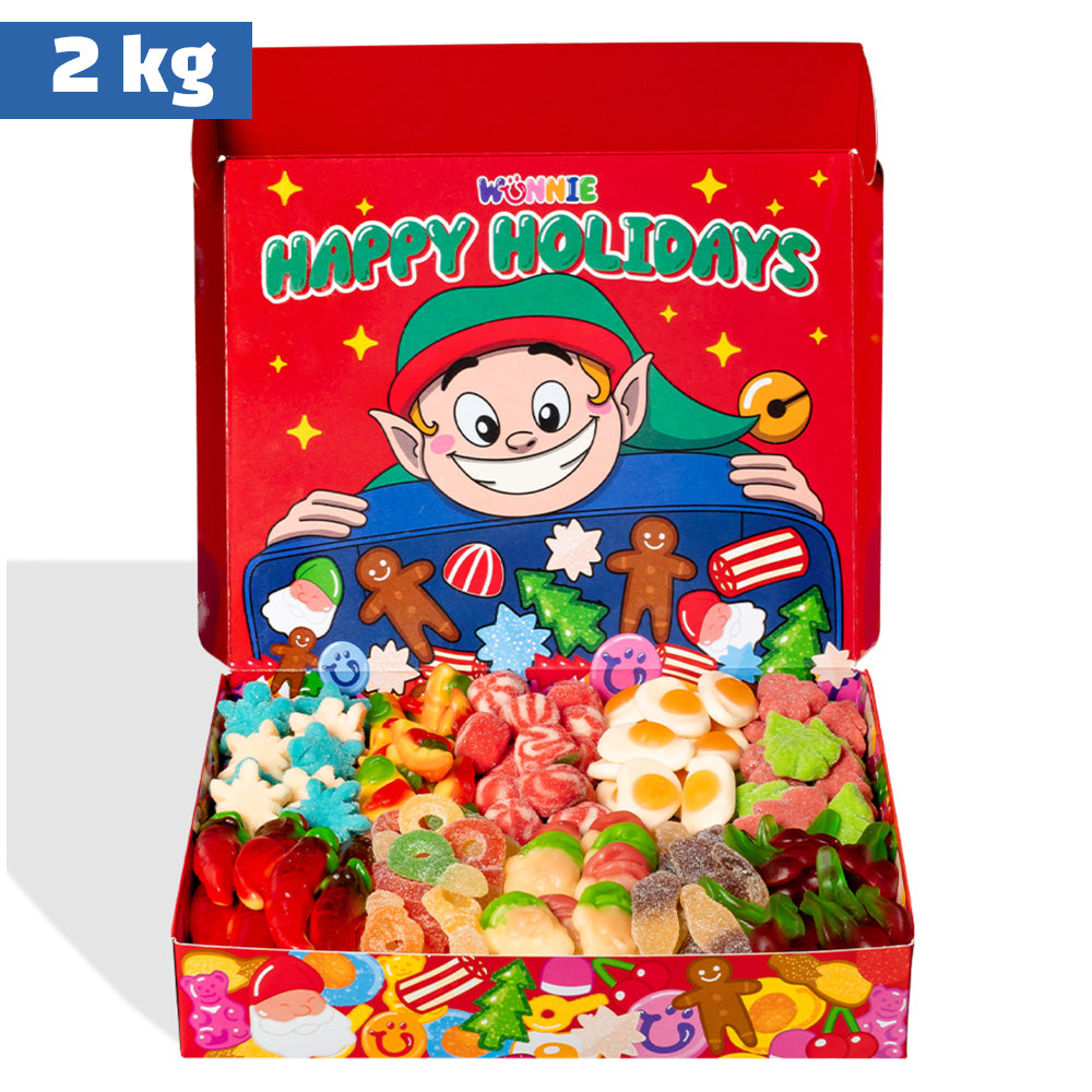 Wunnie box “Fijne feestdagen”, de Candy box om te maken met je favoriete gummy snoepjes vanaf 2 kg 