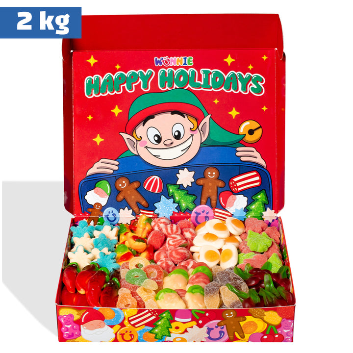 Wunnie box “Fijne feestdagen”, de Candy box om te maken met je favoriete gummy snoepjes vanaf 2 kg 