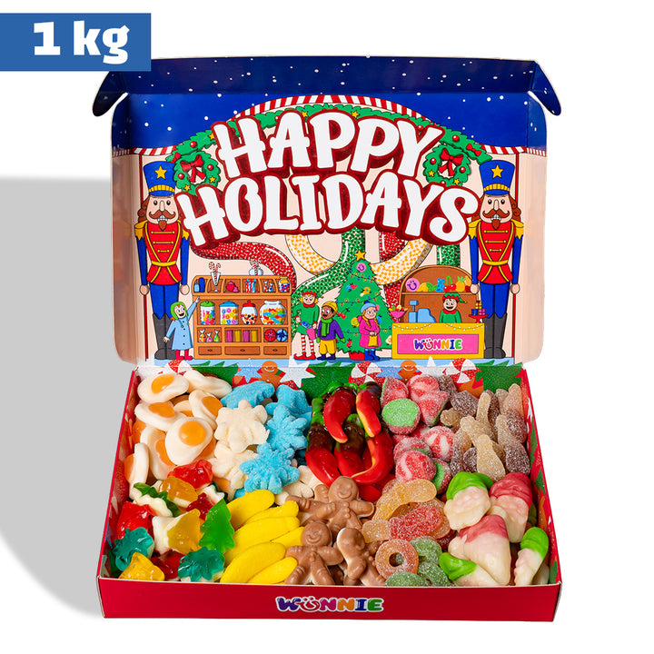 Wunnie box “Fijne feestdagen”, de Candy box om samen te stellen met je favoriete gummy snoepjes - 1 kg 