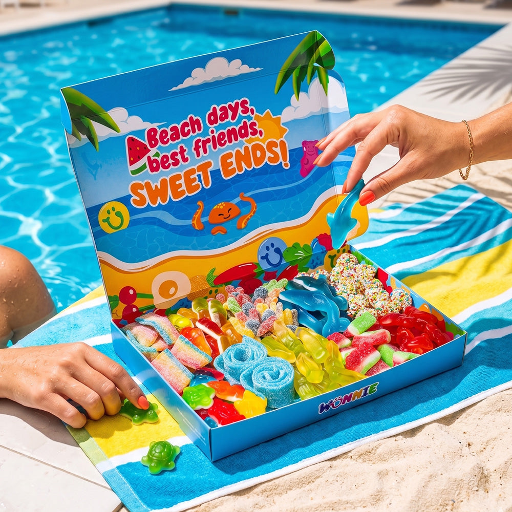 Wunnie box Summer a bordo piscina, con con mani che prendono caramelle