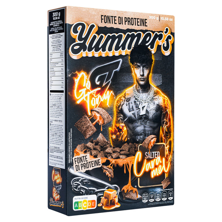 Yummer's Go Tony Salted Caramel van Tony Effe, eiwitrijke ontbijtgranen gevuld met room met gezouten karamelsmaak van 300 g | BEPERKTE EDITIE 