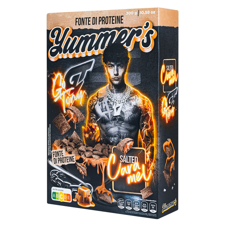 Yummer's Go Tony Salted Caramel van Tony Effe, eiwitrijke ontbijtgranen gevuld met room met gezouten karamelsmaak van 300 g | BEPERKTE EDITIE 