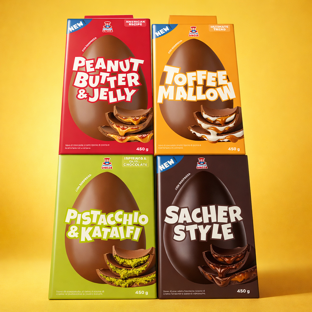 4 uova di Pasqua: Peanut Butter and Jelly, Toffee Mallow, Pistacchio e Kataifi e Sacher Style