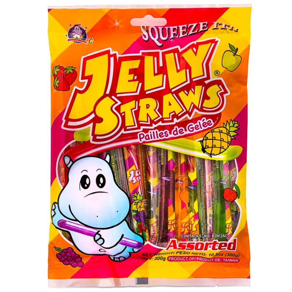 Jelly Straws Hippo Assorted Squeeze, fruitgelatine van 300g 