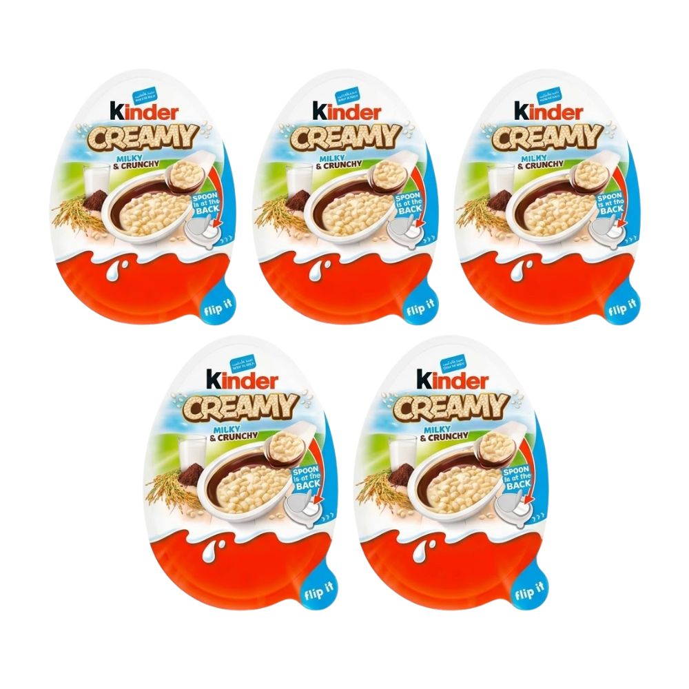 5 Kinder Creamy Milky & Crunchy, kinder-eitje met chocoladecrème en met melk gepofte rijst van 19 g 