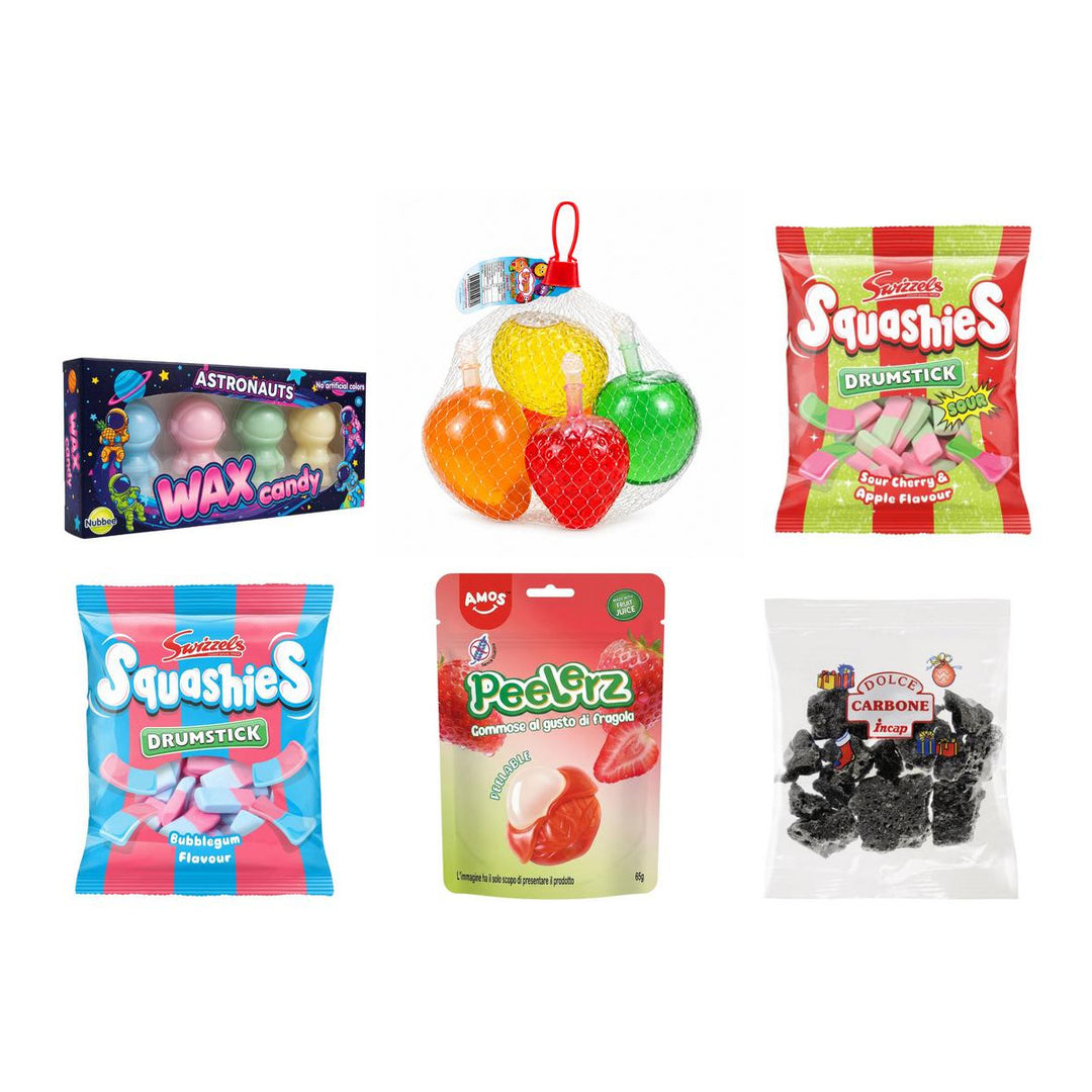 Bundel, 6 snoepjes met de smaak van vloeibare was, vloeibaar fruit, kers en appel, bubblegum, aardbei en zoete kool